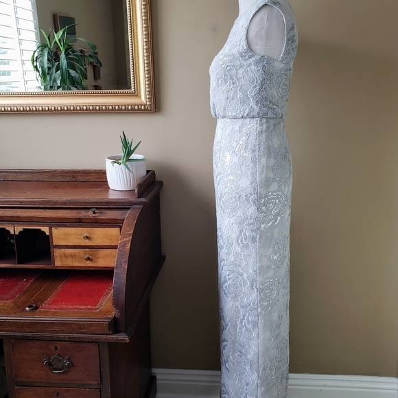 Adrianna Papell Silver White Lace Sequin Blouson Column Gown Brigerton Size 4 - Picture 8 of 13